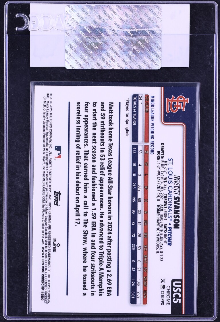 2025 Topps Chrome Update Blue Lava Refractor Matt Svanson ROOKIE /150 #USC5 CGC AUTH