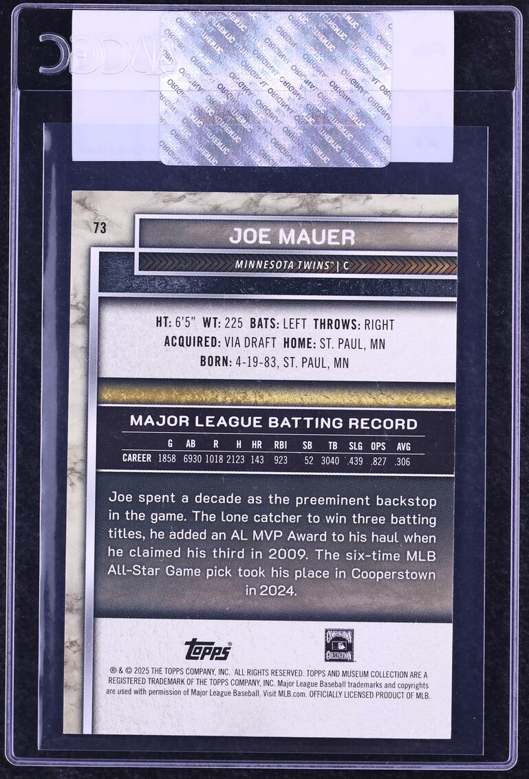 2025 Topps Museum Collection Pink Sapphire Joe Mauer /199 #73 CGC AUTH