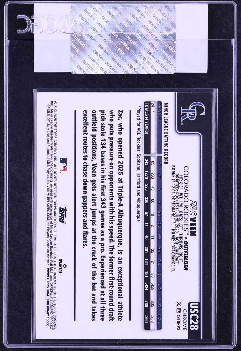 2025 Topps Chrome Update Sapphire Zac Veen ROOKIE #USC28 CGC AUTH