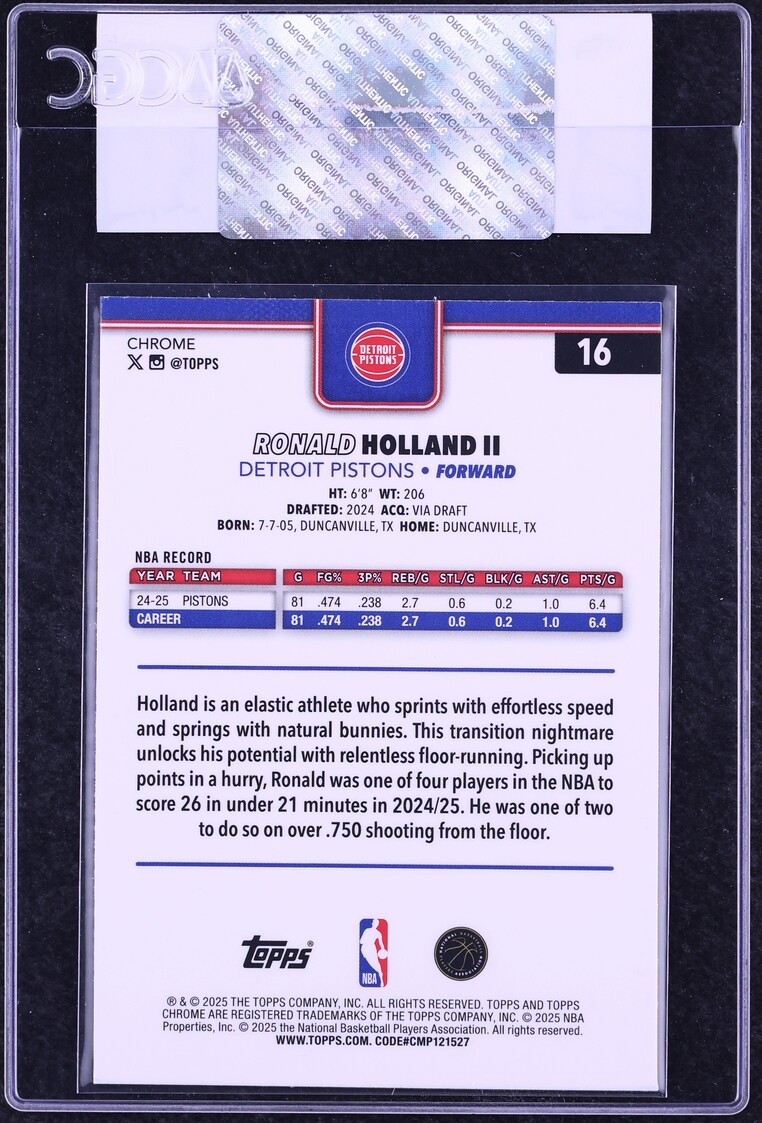 2025 Topps Chrome Yellow RayWave Refractor Ron Holland II /275 #16 CGC AUTH