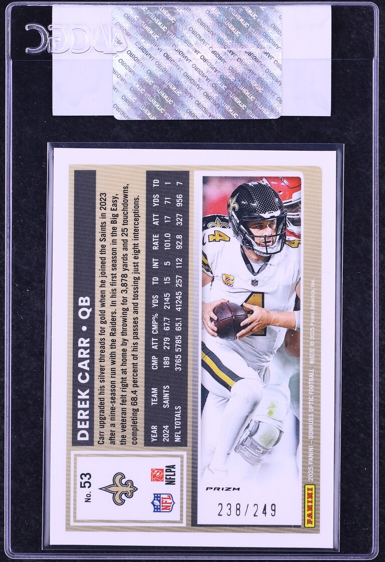 2025 Donruss Optic Blue Derek Carr /249 #53 CGC AUTH