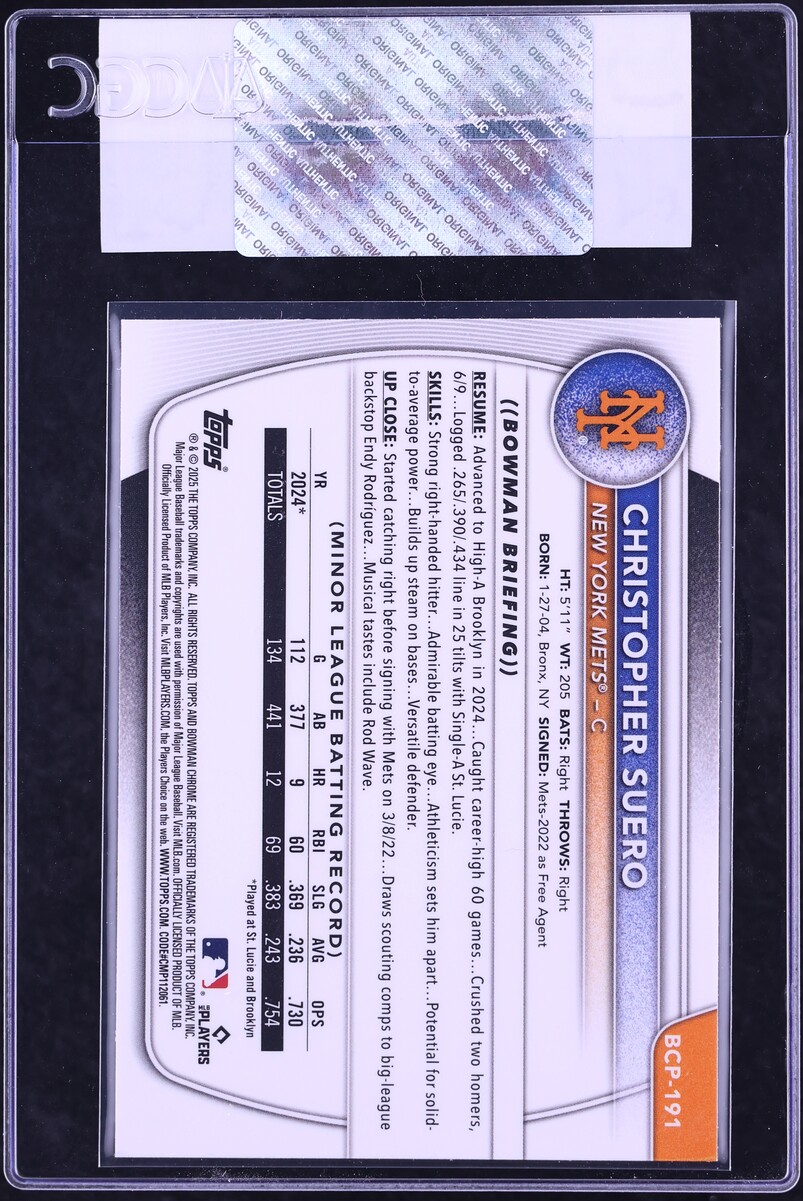 2025 Bowman Chrome Mini-Diamond Refractor Christopher Suero PROSPECT #BCP-191 CGC AUTH
