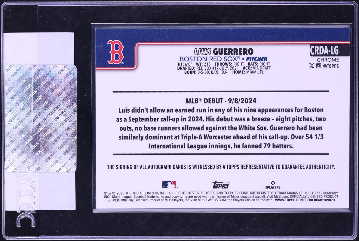 2025 Topps Chrome Update Debut Luis Guerrero ROOKIE AUTO #CRDA-LG CGC AUTH
