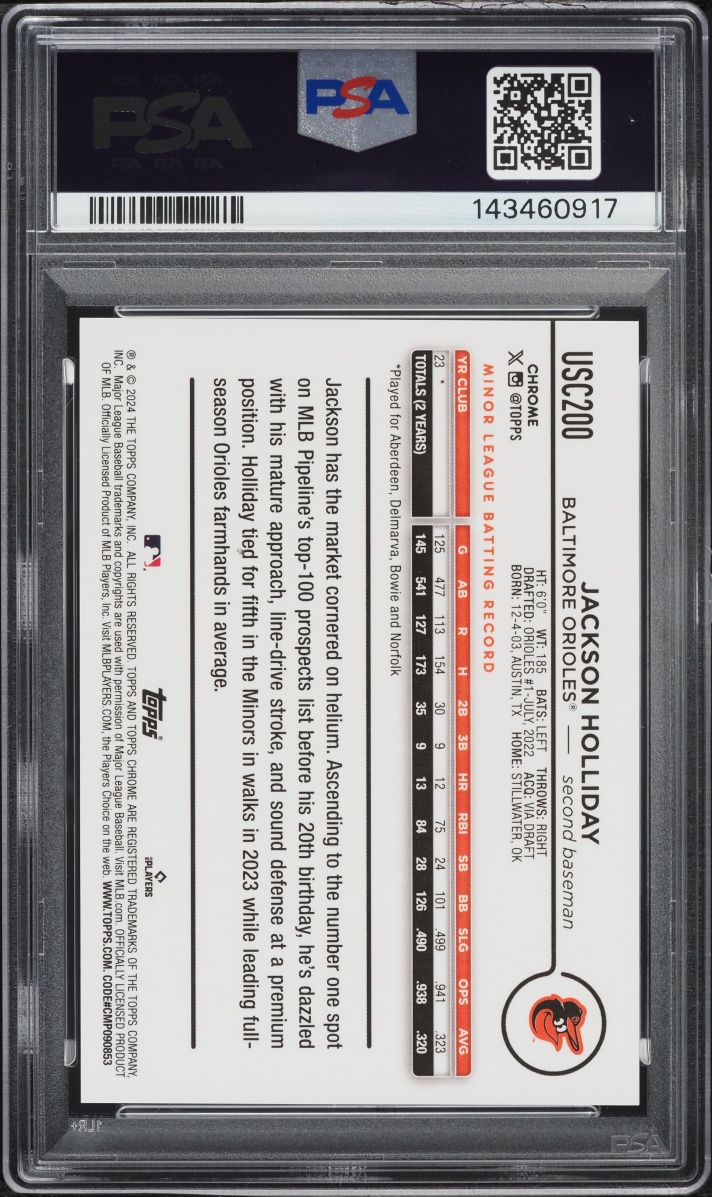 2024 Topps Chrome Update Green Speckle Jackson Holliday SP ROOKIE /99 #USC200 PSA 8 NM-MT