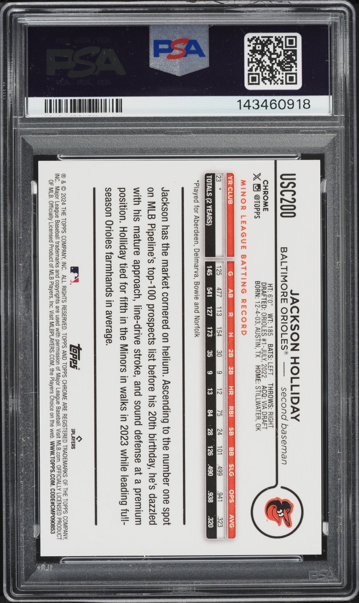 2024 Topps Chrome Update Green Speckle Jackson Holliday SP ROOKIE /99 #USC200 PSA 10 GEM MINT