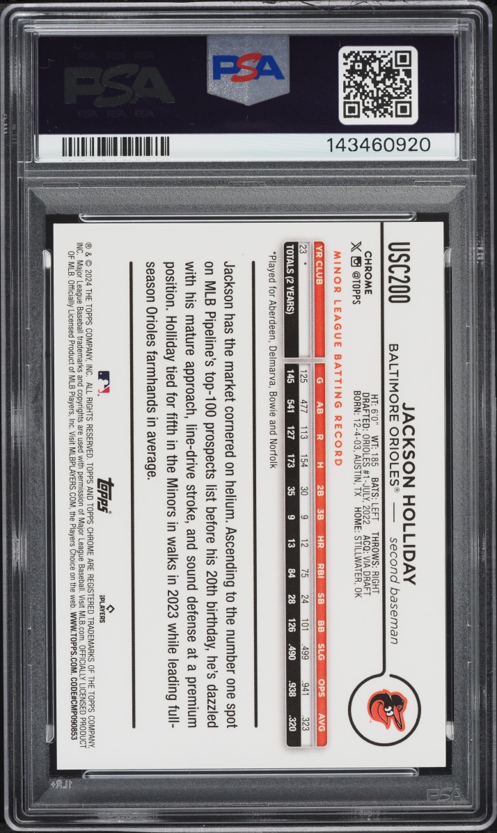 2024 Topps Chrome Update Green Speckle Jackson Holliday SP ROOKIE /99 #USC200 PSA 10 GEM MINT