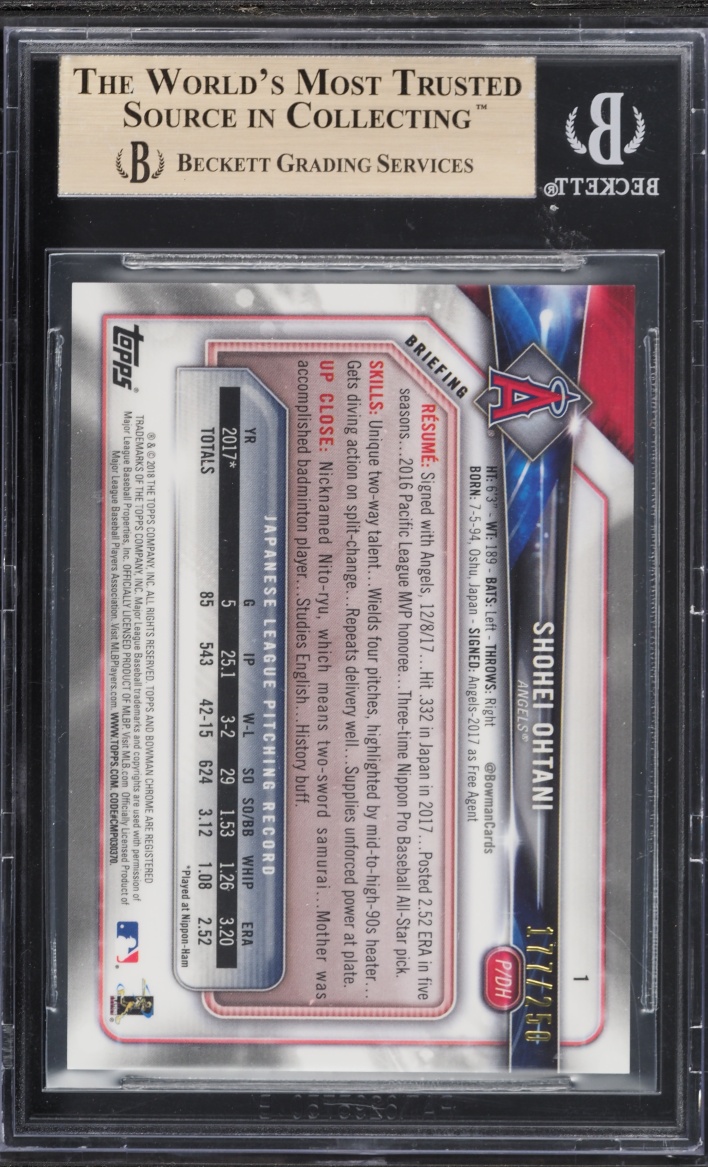 2018 Bowman Chrome Purple Refractor Shohei Ohtani ROOKIE /250 BGS 9.5 GEM MINT