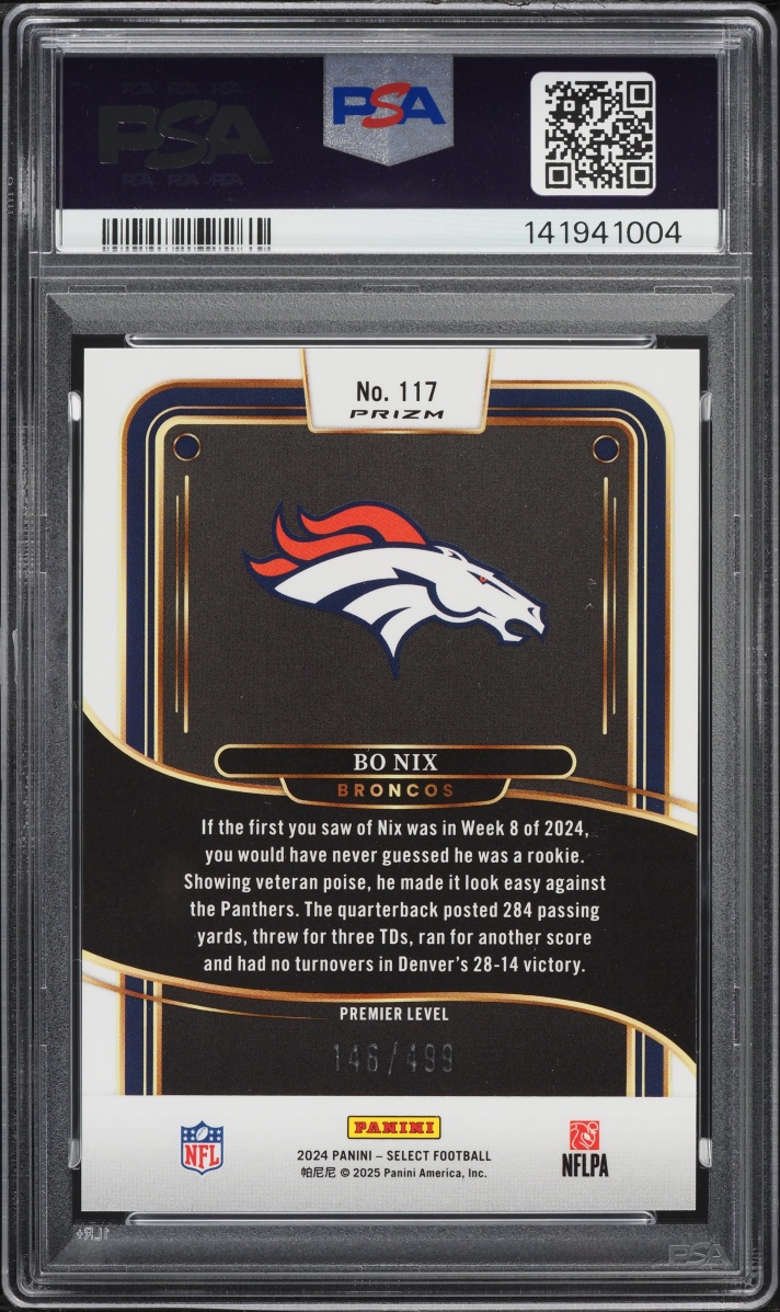 2024 Select Premier Level Neon Green Shock Bo Nix ROOKIE /499 #117 PSA 10 GEM MINT