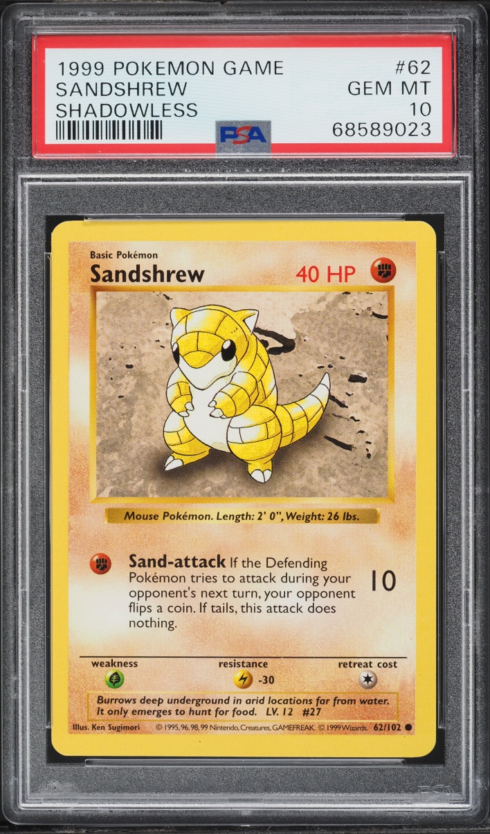 1999 Pokemon Base Set Shadowless Sandshrew #62 PSA 10 GEM MINT