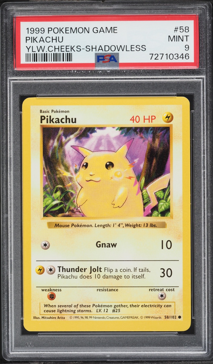 1999 Pokemon Game Pikachu Shadowless Yellow Cheeks #58 PSA 9