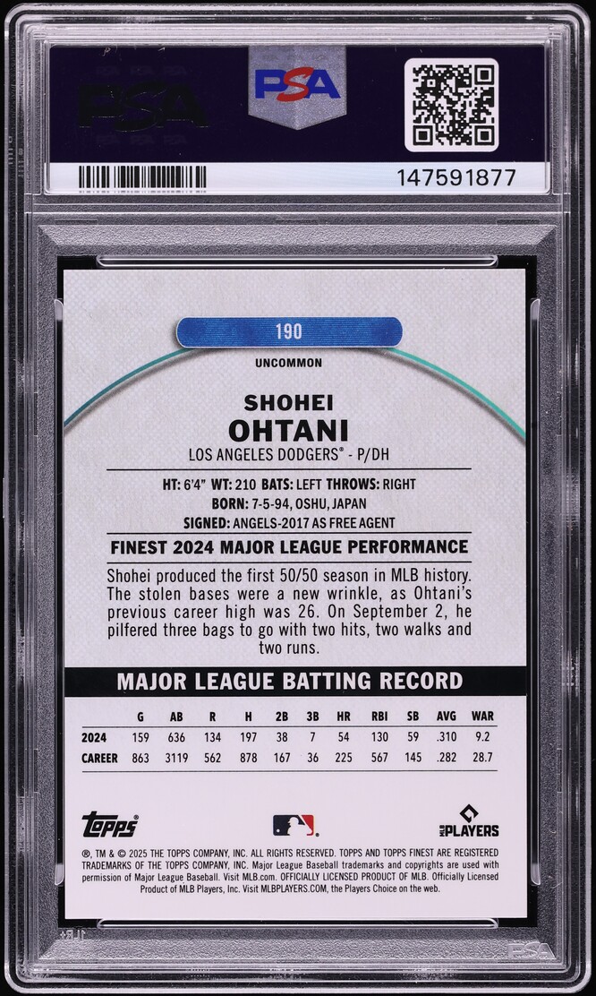 2025 Finest Gold Refractor Shohei Ohtani /25 #190 PSA 10 GEM MINT