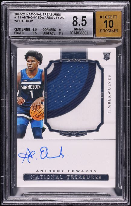 2020 National Treasures White Box Anthony Edwards ROOKIE PATCH AUTO 1/1 #111 BGS 8.5 NM-MT+