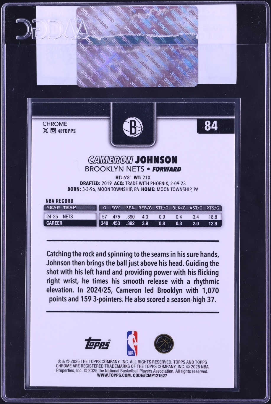 2025 Topps Chrome Aqua Refractor Cameron Johnson /199 #84 CGC AUTH