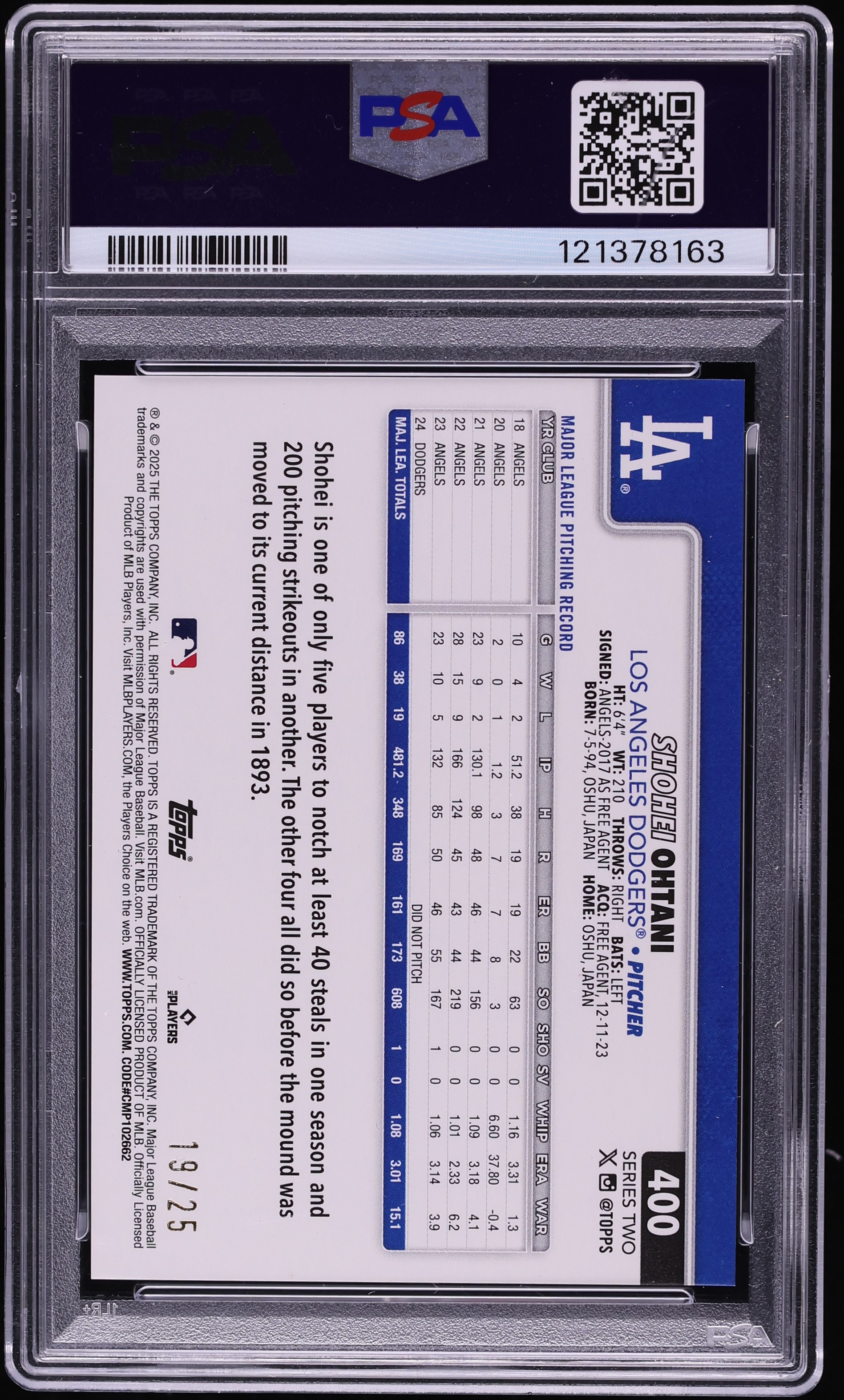 2025 Topps Orange Holo Foil Shohei Ohtani /25 #400 PSA 9 MINT on