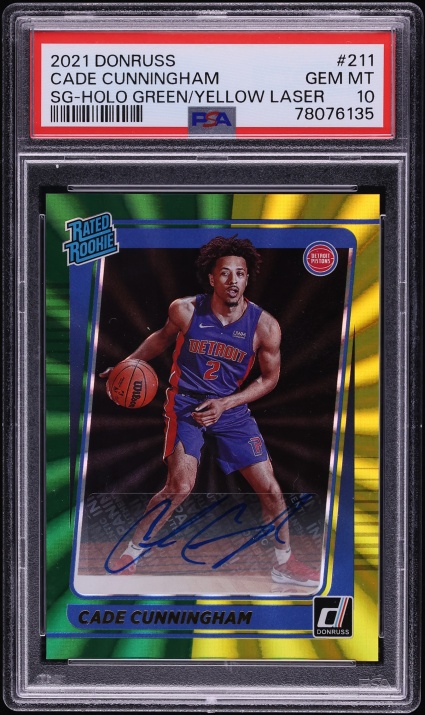 2021 Donruss Holo Green & Yellow Laser Cade Cunningham ROOKIE AUTO #211 PSA 10 GEM MINT