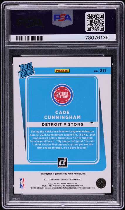 2021 Donruss Holo Green & Yellow Laser Cade Cunningham ROOKIE AUTO #211 PSA 10 GEM MINT