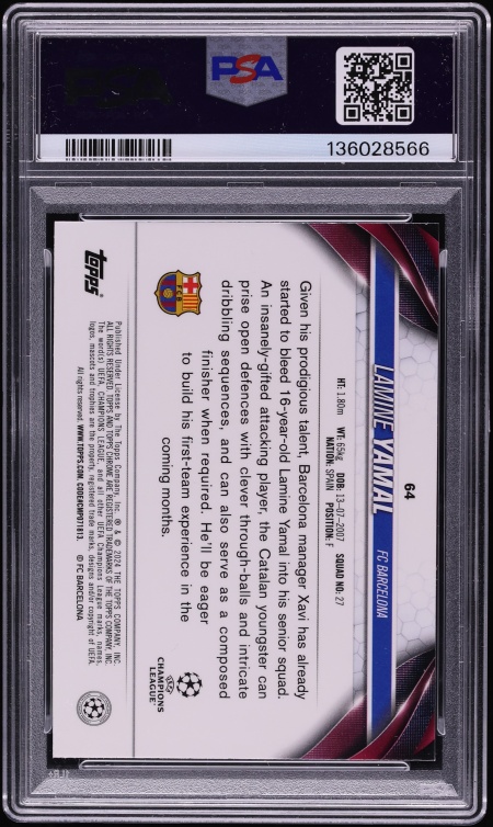 2023 Topps Chrome UEFA Neon Green Wave Lamine Yamal ROOKIE /399 #64 PSA 10 GEM MINT