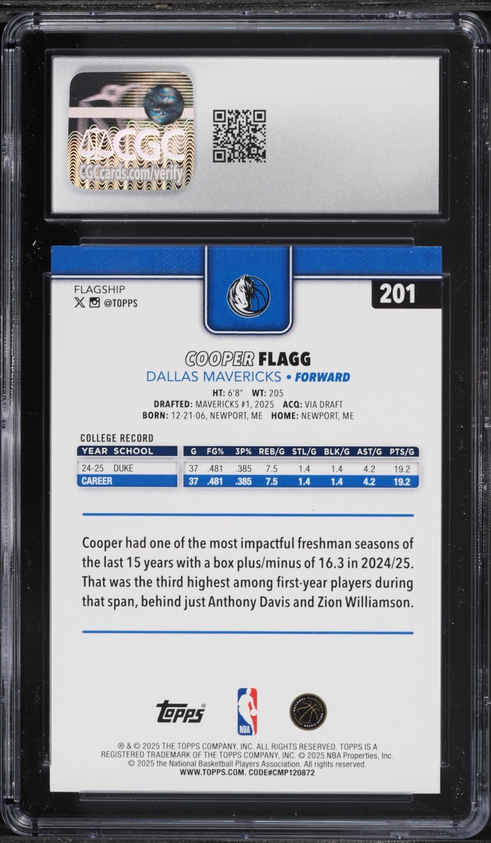 2025 Topps Basketball Cooper Flagg ROOKIE #201 CGC 8.5 NM-MT+