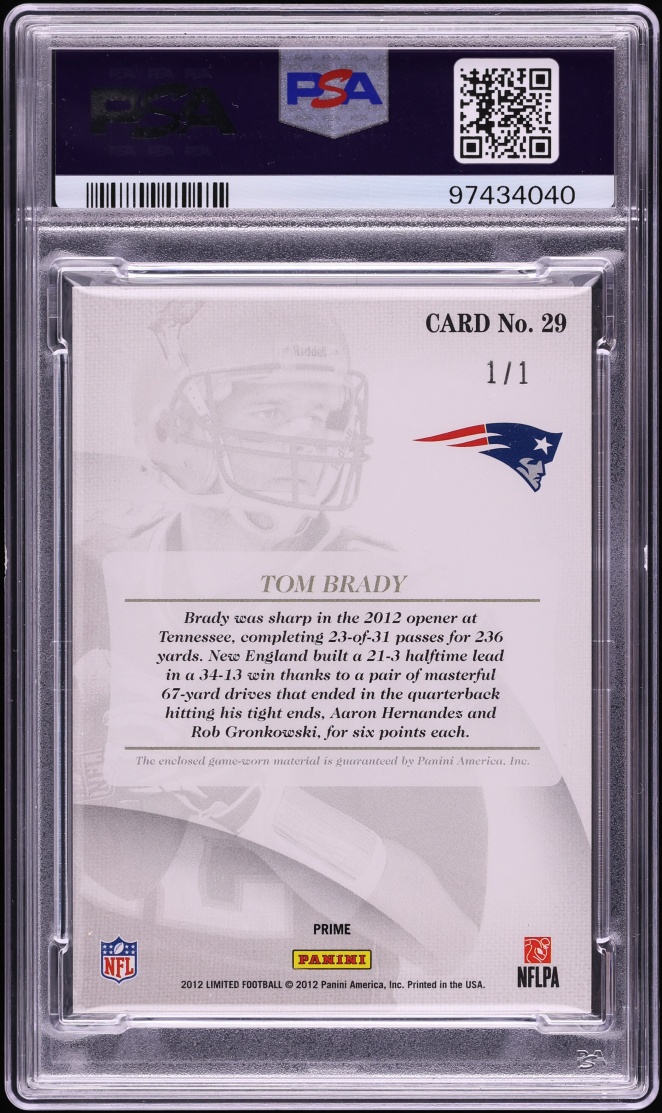 2012 Panini Limited Threads Brand Logo Tom Brady PATCH 1/1 #29 PSA 7 NRMT