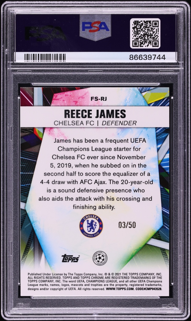 2020 Topps Chrome UEFA CL Future Stars Gold Refractor Reece James ROOKIE /50 #FS-RJ PSA 10 GEM