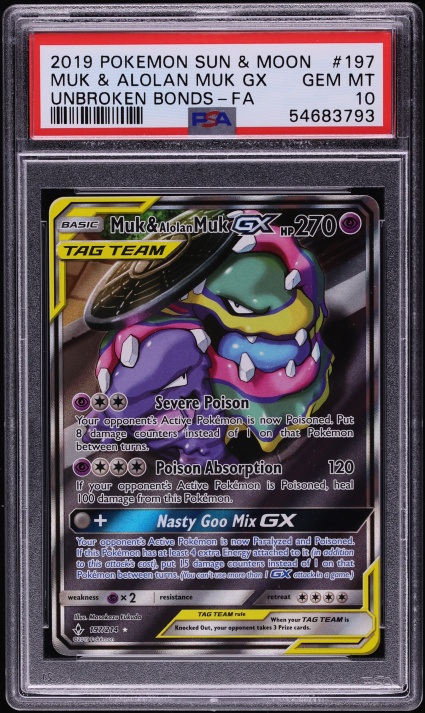 2019 Pokemon Sun & Moon Unbroken Bonds Full Art Muk & Alolan Muk GX #197 PSA 10 GEM MINT