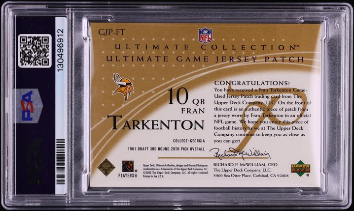 2003 Ultimate Collection Ultimate Game Jersey Gold Fran Tarkenton PATCH /25 #GJPFT PSA 8 NM-MT