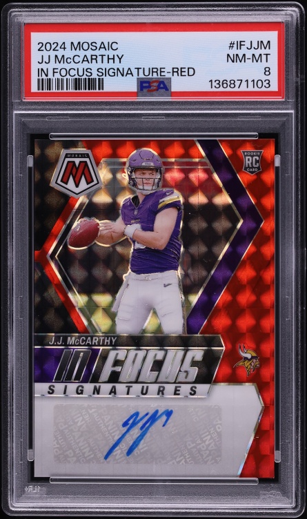 2024 Panini Mosaic In Focus Red JJ McCarthy ROOKIE AUTO /199 #IF-JJM PSA 8 NM-MT
