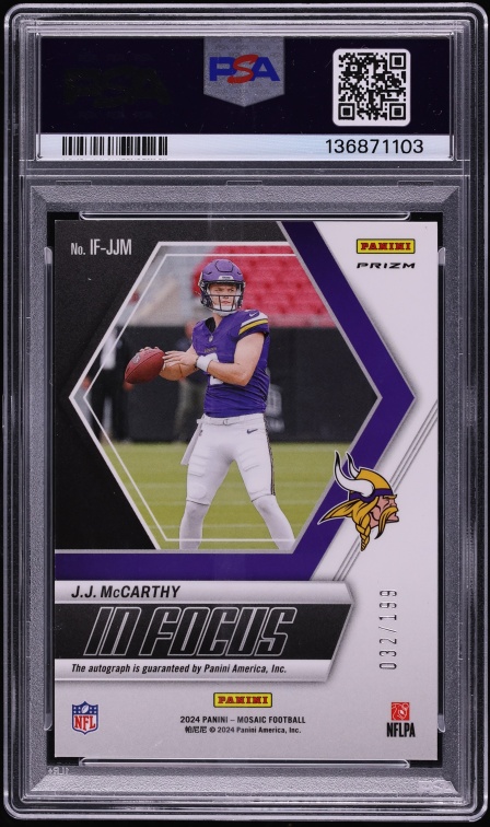 2024 Panini Mosaic In Focus Red JJ McCarthy ROOKIE AUTO /199 #IF-JJM PSA 8 NM-MT