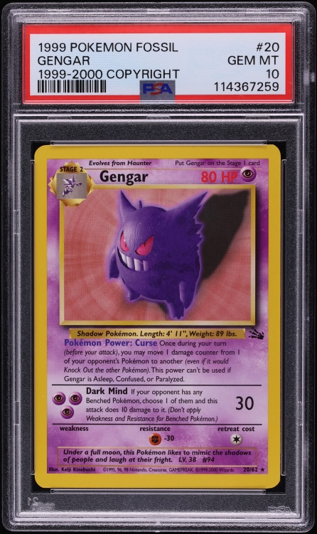 1999-2000 Pokemon Fossil Copyright Gengar #20 PSA 10 GEM MINT