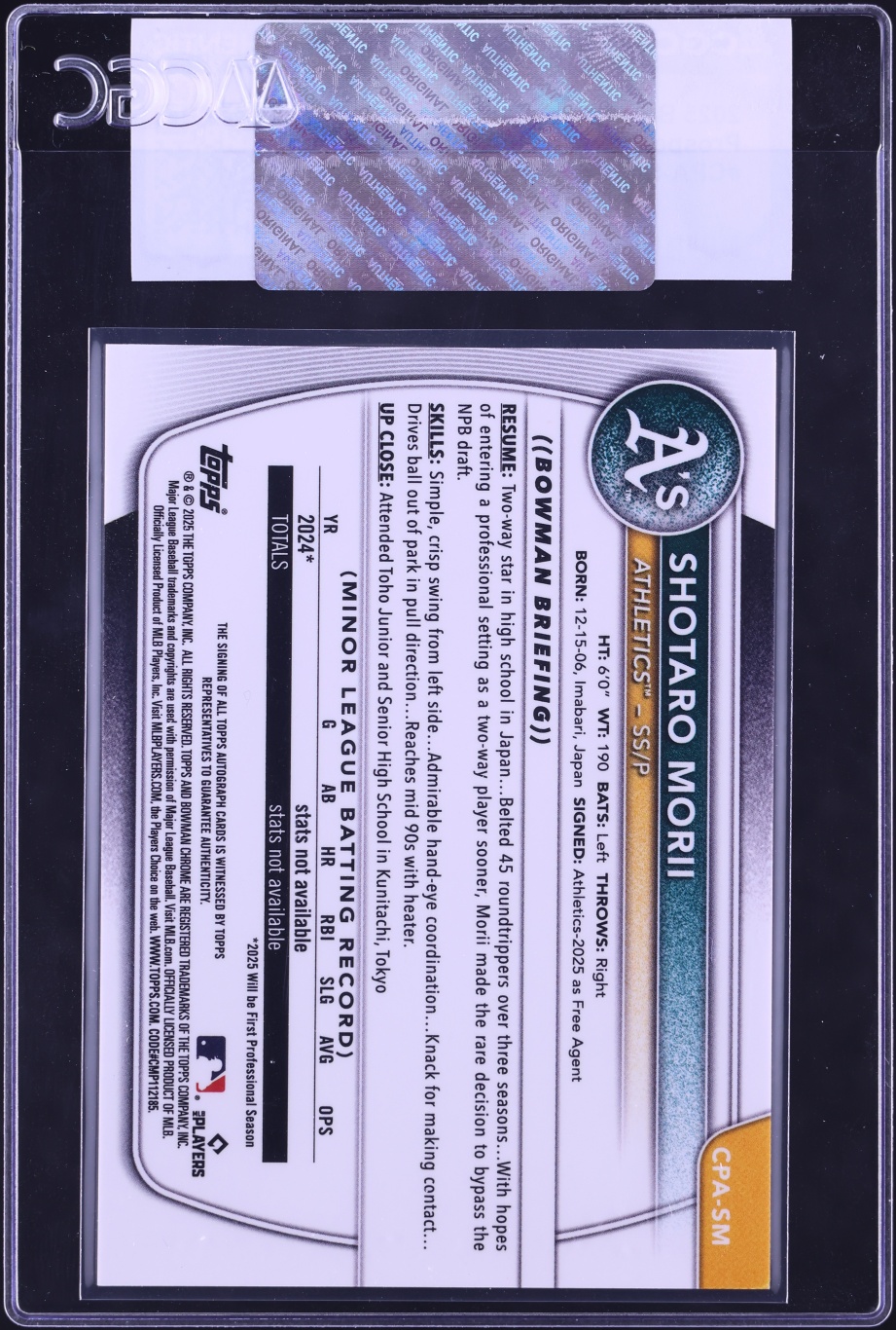 2025 Bowman Chrome Shotaro Morii PROSPECT AUTO #CPA-SM CGC AUTH