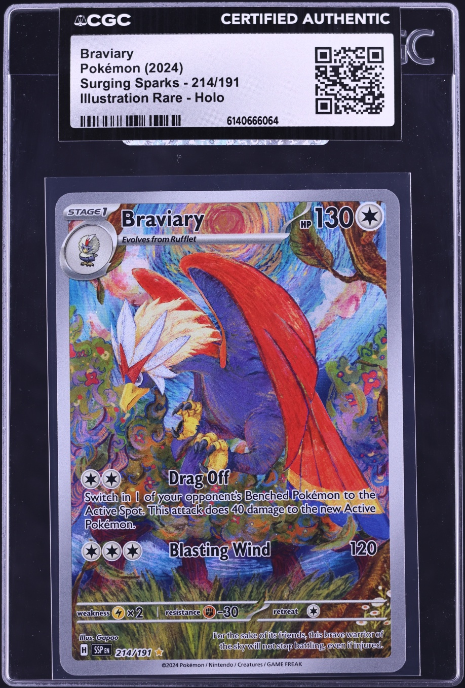 2024 Pokemon Scarlet & Violet Surging Sparks IR Braviary #214 CGC AUTH