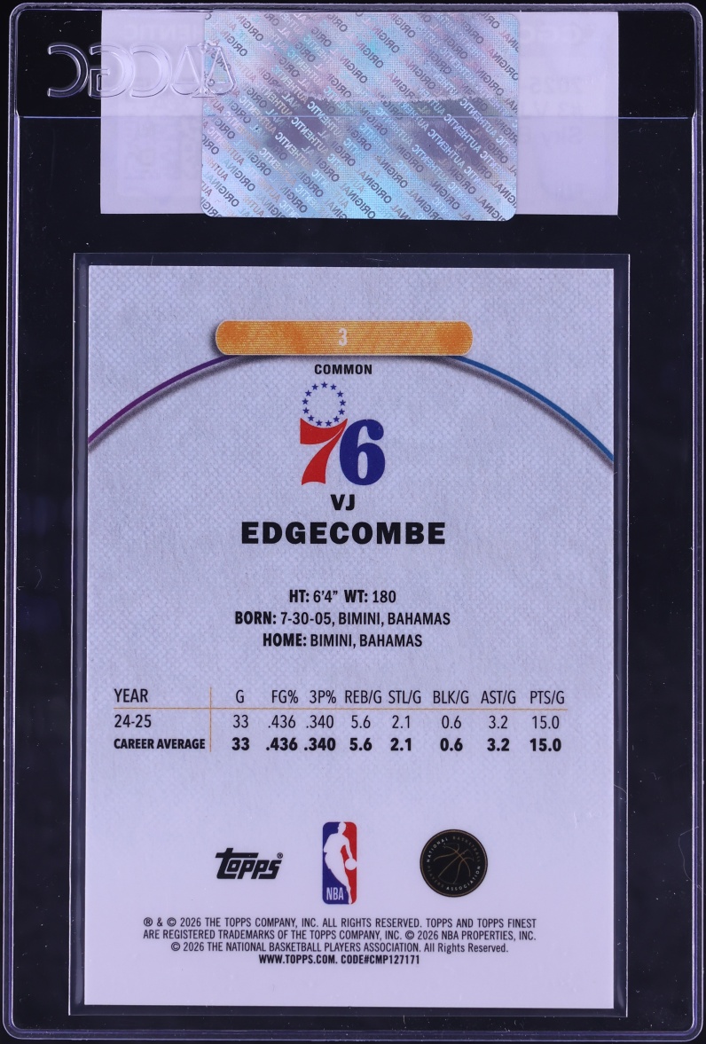 2025 Finest Sky Blue Refractor VJ Edgecombe ROOKIE /350 #3 CGC AUTH