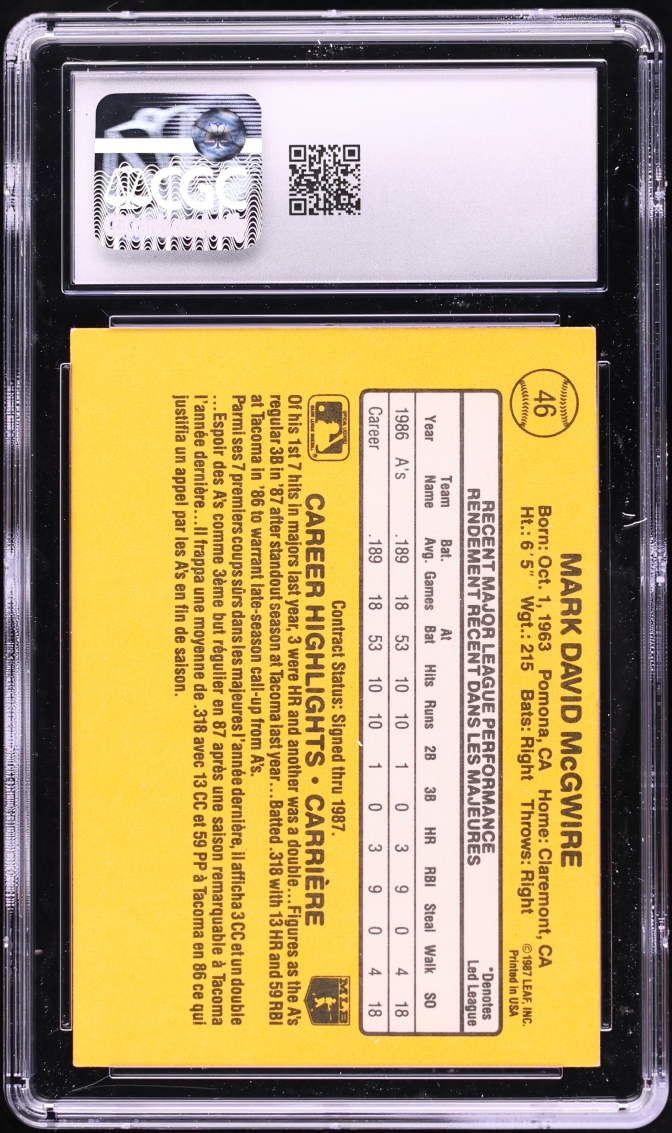 1987 Leaf Mark McGwire ROOKIE #46 CGC 6 EXMT