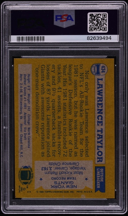 1982 Topps Football Lawrence Taylor ROOKIE, ALL-PRO #434 PSA 8 NM-MT