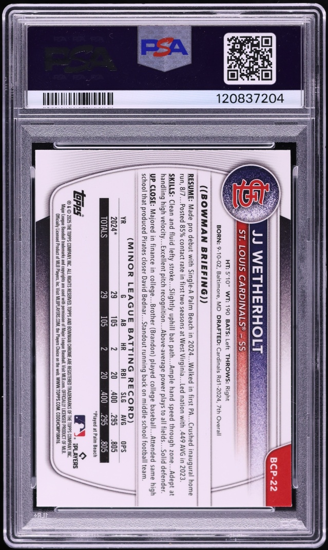 2025 Bowman Chrome J.J. Wetherholt PROSPECT #BCP-22 PSA 10 GEM MINT
