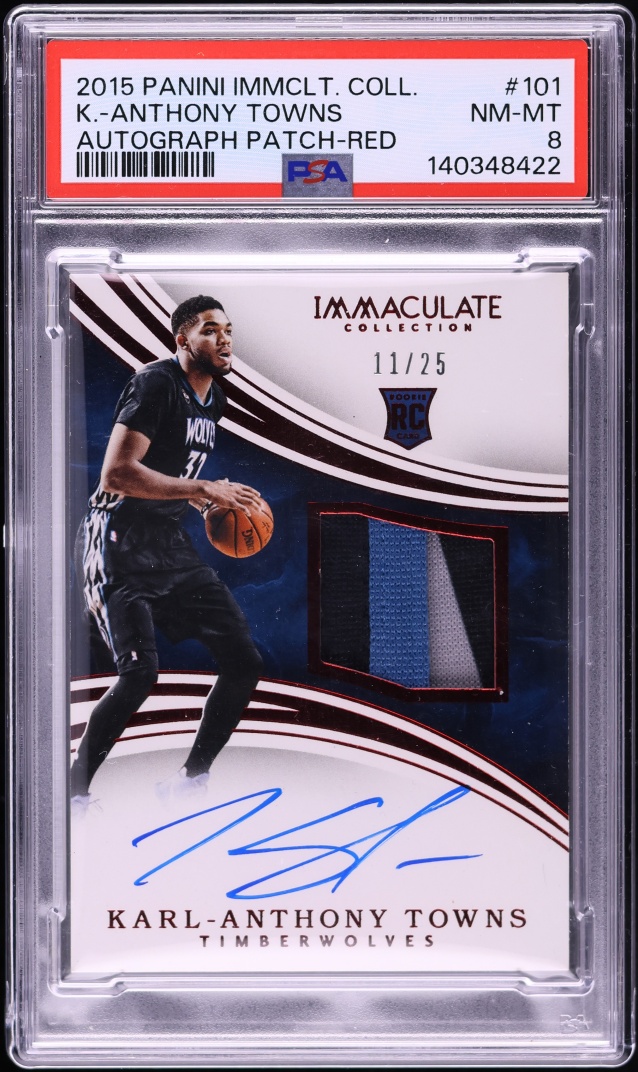 2015 Immaculate Collection Red Karl-Anthony Towns ROOKIE PATCH AUTO /25 #101 PSA 8 NM-MT