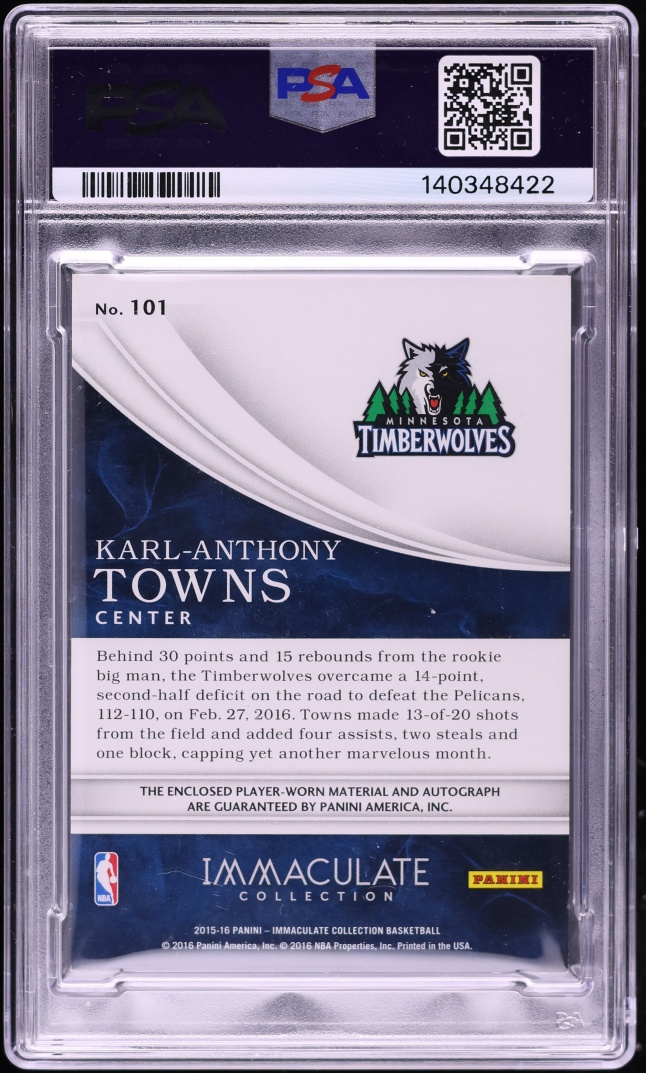 2015 Immaculate Collection Red Karl-Anthony Towns ROOKIE PATCH AUTO /25 #101 PSA 8 NM-MT