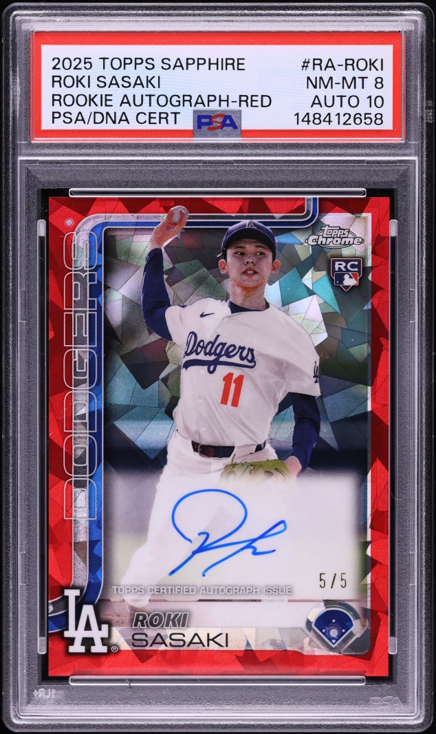 2025 Topps Chrome Sapphire Red Roki Sasaki ROOKIE AUTO DNA 10 5/5 #RA-ROKI PSA 8 NM-MT