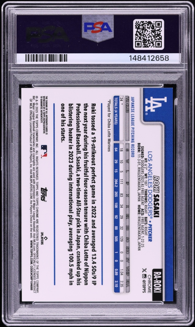 2025 Topps Chrome Sapphire Red Roki Sasaki ROOKIE AUTO DNA 10 5/5 #RA-ROKI PSA 8 NM-MT