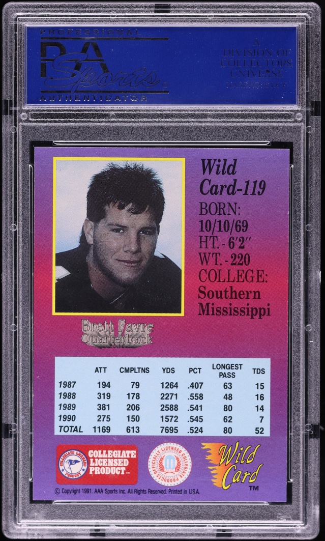 1991 Wild Card College Draft Picks 50 Stripe Brett Favre ROOKIE #119 PSA 10 GEM MINT