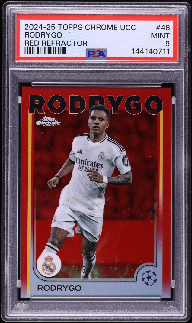 2024 Topps Chrome UEFA Club Competitions Red Refractor Rodrygo /5 #48 PSA 9 MINT