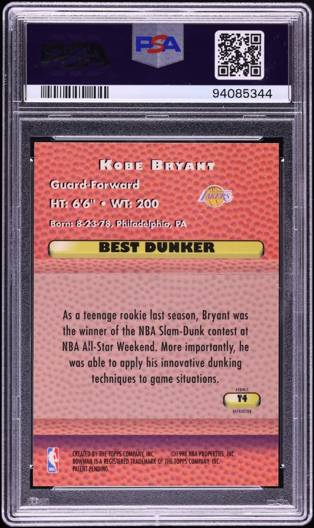 1997 Bowman's Best Techniques Atomic Refractor Kobe Bryant #T4 PSA 10 GEM MINT