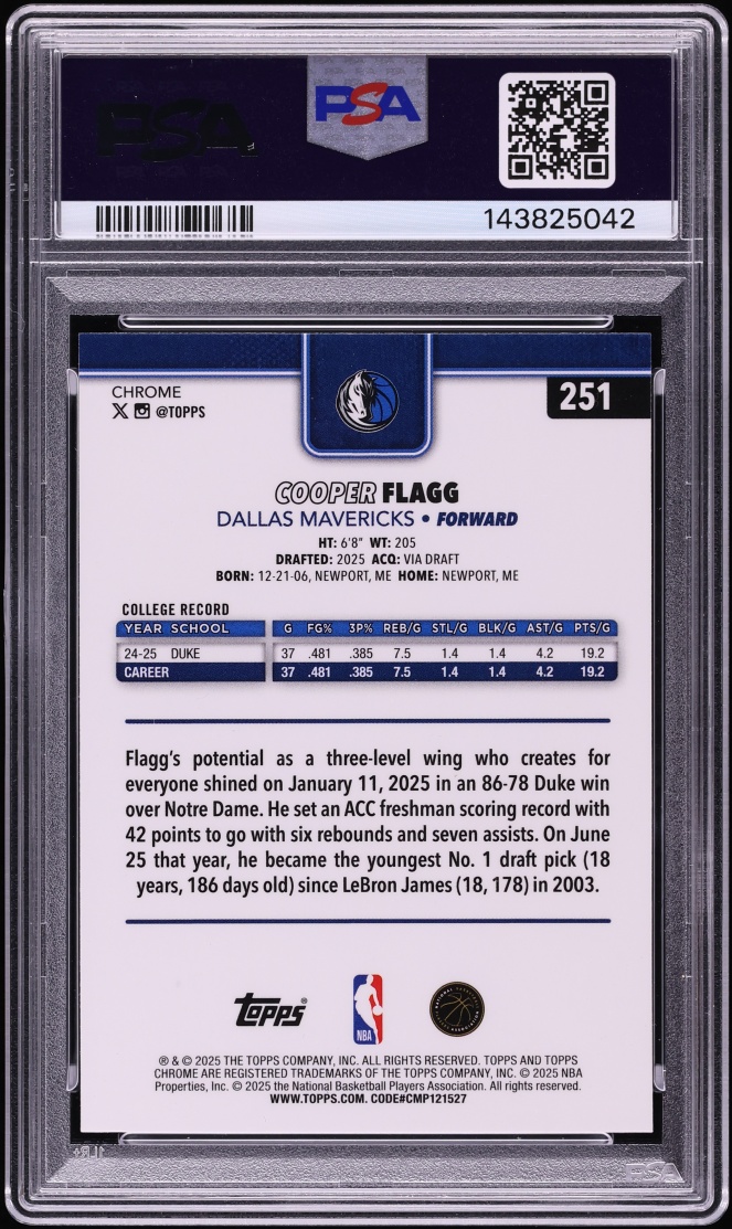 2025 Topps Chrome Xfractor Cooper Flagg ROOKIE #251 PSA 10 GEM MINT