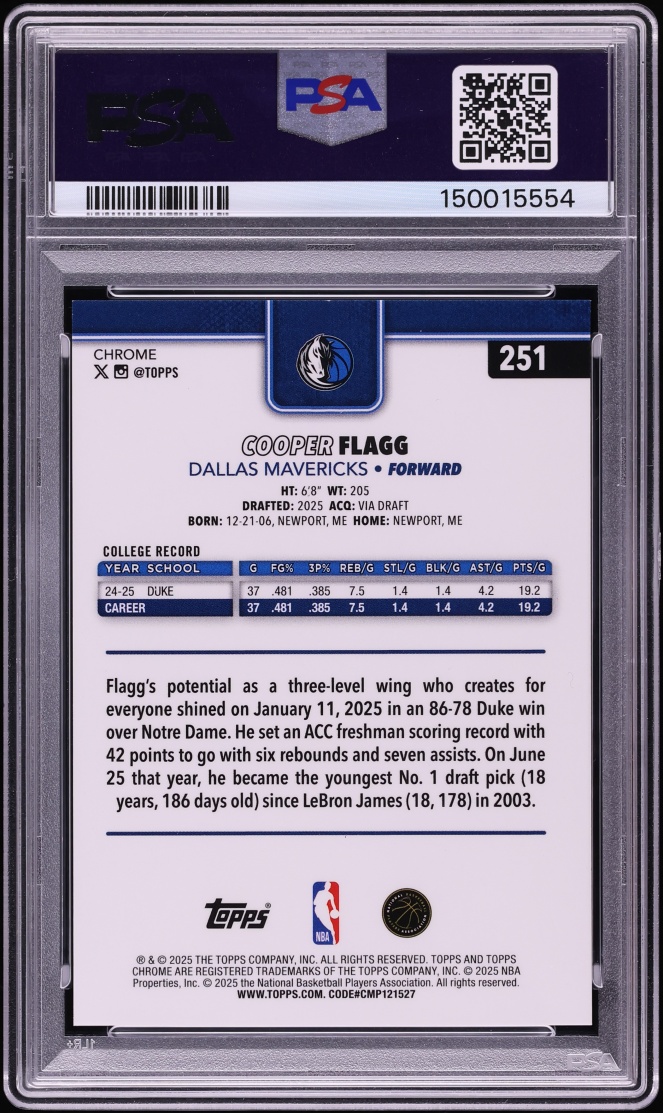 2025 Topps Chrome Sapphire Gold Cooper Flagg ROOKIE /50 #251 PSA 9 MINT