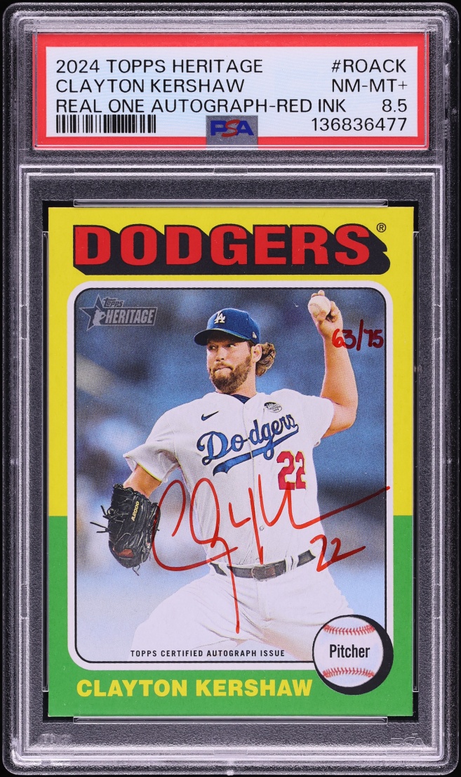 2024 Topps Heritage Real One Red Ink Clayton Kershaw AUTO /75 #ROA-CK PSA 8.5 NM-MT+