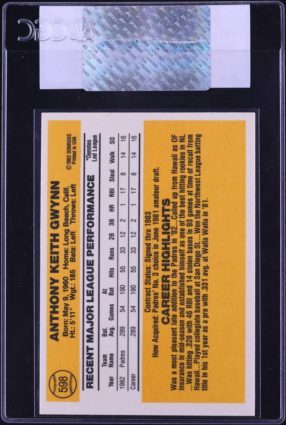 1983 Donruss Tony Gwynn ROOKIE #598 CGC AUTH