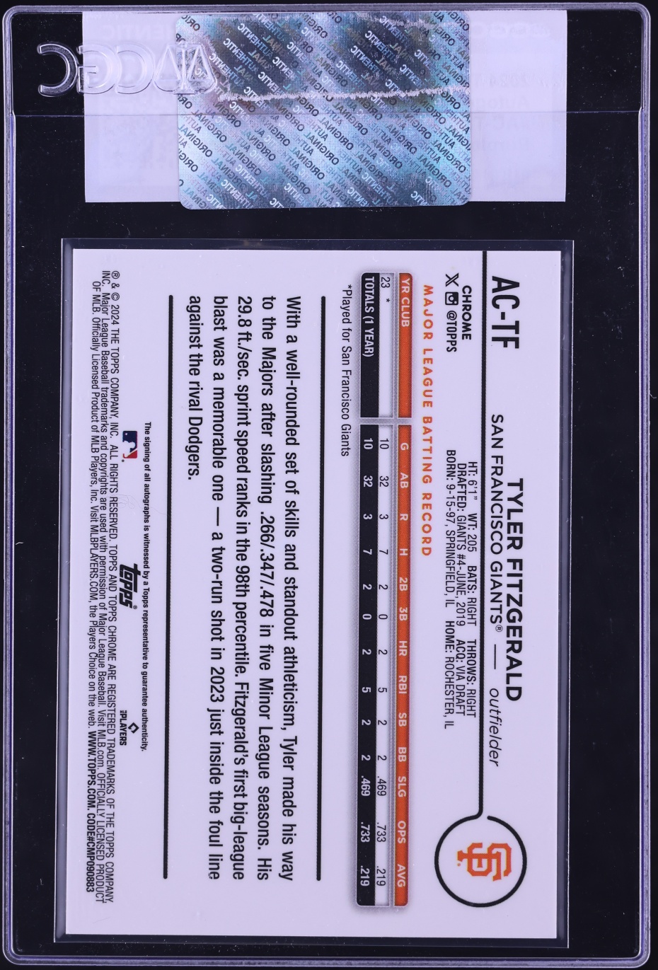 2024 Topps Chrome Update Purple Speckle Refractor Tyler Fitzgerald ROOKIE AUTO /299 CGC AUTH