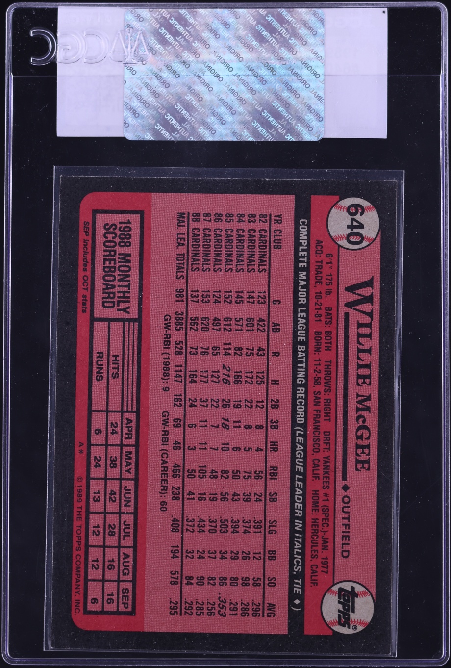 1989 Topps Willie McGee #640 CGC AUTH