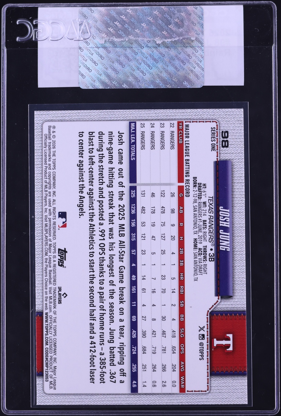 2026 Topps Rainbow Foil Josh Jung #98 CGC AUTH