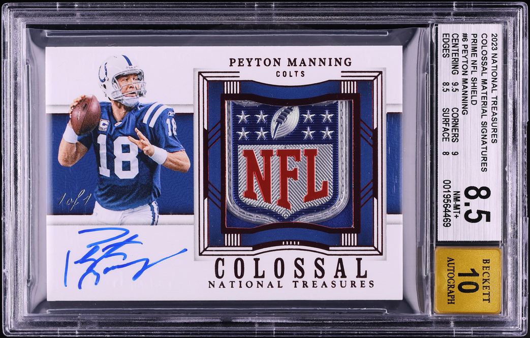 2023 National Treasures Colossal Prime Peyton Manning SHIELD PATCH AUTO 1/1 #COL-PMA BGS 8.5